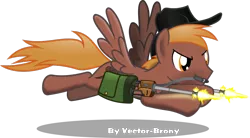 Size: 1202x665 | Tagged: safe, artist:vector-brony, derpibooru import, oc, oc:calamity, unofficial characters only, pegasus, pony, fallout equestria, fanfic, battle saddle, brand, branding, fallout, fanfic art, gun, hat, male, rifle, saddle bag, shooting, simple background, solo, stallion, transparent background, weapon, wings