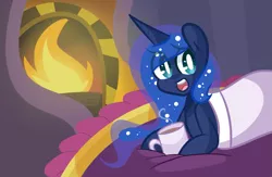 Size: 1101x720 | Tagged: artist:pinkami, bed, blanket, chocoluna, cute, derpibooru import, fire, fireplace, hot chocolate, luna loves chocolate, princess luna, safe, solo, that pony sure does love chocolate