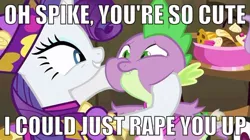 Size: 550x309 | Tagged: semi-grimdark, suggestive, derpibooru import, edit, edited screencap, screencap, rarity, spike, dragon, pony, unicorn, dragon quest, apron, caption, clothes, dress, face grab, female, foalcon, image macro, imminent rape, implied rape, implied sex, male, mare, meme, naked apron, rapity, rarity's bad pickup lines, squishy cheeks, straight, text