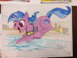 Size: 1024x768 | Tagged: artist:andypriceart, beach, cute, derpibooru import, diving, goggles, happy, open mouth, pail, safe, sand castle, seadorable, seafoam, sea swirl, smiling, snorkel, solo, swimming goggles, traditional art