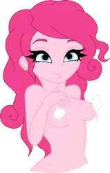 Size: 558x879 | Tagged: artist:candy-vanity, bedroom eyes, breasts, derpibooru import, female, human, humanized, nudity, pinkie pie, solo, solo female, strategically covered, suggestive, teasing, whipped cream