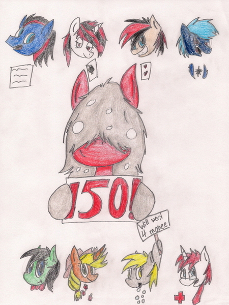 Size: 500x667 | Tagged: safe, artist:thecherrysodaaskblog, derpibooru import, applejack, derpy hooves, oc, oc:abby, oc:blackjack, oc:cherry soda, oc:darkstar, oc:roullete wheel, oc:shadow fire, alicorn, pony, tumblr:thecherrysodaaskblog, alicorn oc, applecorn, followers, medic, outofworkderpy, race swap, sign, tumblr