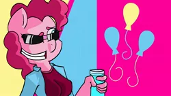 Size: 2560x1440 | Tagged: anthro, cool, cup, derpibooru import, drink, funny, glass, party, pinkie pie, safe, sunglasses, tight clothing