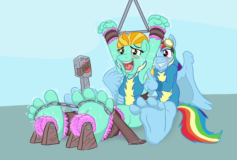 Size: 1005x676 | Tagged: anthro, armpits, artist:caroo, barefoot, blushing, bondage, bondage furniture, breasts, feet, female, females only, fetish, foot fetish, goggles, laughing, lightning dust, machine, plantigrade anthro, rainbow dash, spreader bar, stocks, straps, suggestive, sweat, tickle roller, tickle torture, tickling, tickling machine, toe tied