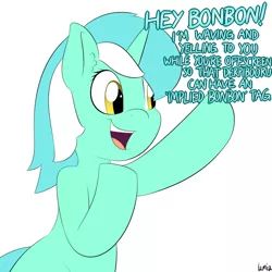 Size: 1000x1000 | Tagged: safe, artist:lamia, derpibooru import, lyra heartstrings, pony, unicorn, dialogue, ear fluff, implied bon bon, lamia did it again, meta, offscreen character, open mouth, simple background, smiling, solo, waving, white background