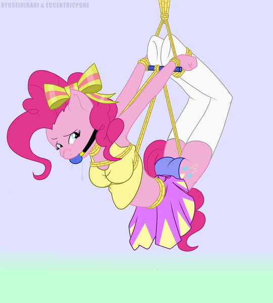 Size: 3600x4000 | Tagged: anthro, armpits, artist:greaterlimit, artist:ryuseihikari, ass, backbend, ballgag, bondage, bondage furniture, breast bondage, breasts, cheerleader, cheerleader pinkie, clothes, crotch rope, derpibooru import, drool, embarrassed, female, gag, hogtied, midriff, missing shoes, panties, pinkie pie, rope, sex swing, skirt, skirt flip, solo, spreader bar, stockings, strappado, suggestive, suspended, thigh highs, underhoof, underwear, unguligrade anthro, upskirt