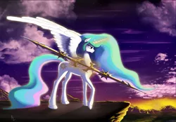 Size: 1280x889 | Tagged: artist:lucky dragoness, cliff, cloud, cloudy, derpibooru import, magic, mountain, mountain range, princess celestia, safe, scenery, solo, spear, spread wings, sunrise, telekinesis, weapon