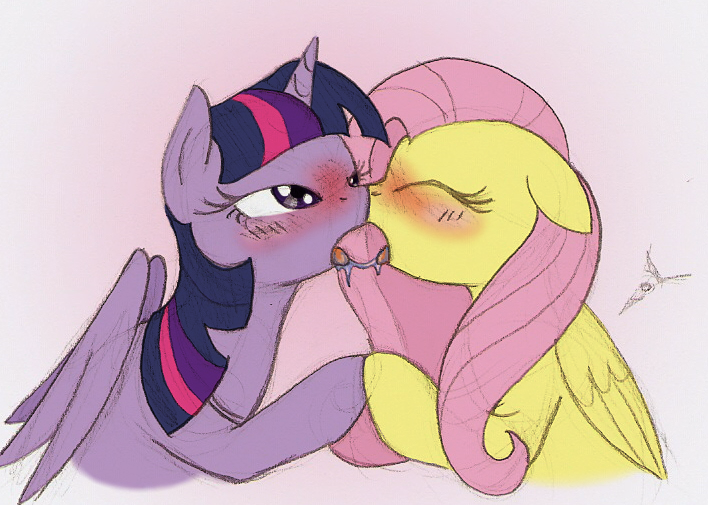 Size: 708x505 | Tagged: questionable, artist:ravenpuff, deleted from derpibooru, derpibooru import, fluttershy, twilight sparkle, twilight sparkle (alicorn), alicorn, pegasus, pony, bedroom eyes, blushing, boop, drool, drool string, eyes closed, female, floppy ears, kissing, lesbian, mare, noseboop, open mouth, shipping, sloppy kissing, tongue out, twishy