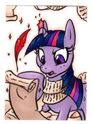 Size: 286x381 | Tagged: safe, artist:retrostarling, derpibooru import, twilight sparkle, quill, scroll, solo, traditional art