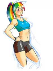 Size: 1698x2266 | Tagged: artist:the-unicorn-lord, clothes, compression shorts, derpibooru import, human, humanized, ponytail, rainbow dash, safe