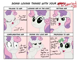 Size: 1600x1300 | Tagged: artist:varemia, dialogue, doing loving things, g3.5, looking at you, meme, mentally advanced series, newborn cuties, open mouth, rainbow dash presents, safe, sweat, sweetie belle, thrackerzod