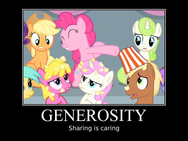 Size: 1600x1200 | Tagged: applejack, artist:dowlphin, cherry berry, demotivational poster, derpibooru import, equestria games (episode), generosity, meadow song, meme, minty green, pinkie pie, popcorn, rarity, safe, screencap, sunshower raindrops, twinkleshine