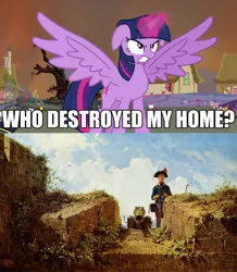 Size: 1280x1470 | Tagged: safe, derpibooru import, twilight sparkle, twilight sparkle (alicorn), alicorn, human, pony, army, battlement, cannon, carl spitzweg, castle, classic art, classical, clothes, clueless, der strickende wachtposten, exploitable meme, female, germany, guard, gun, hat, knitting, mare, meme, military, military uniform, musket, musketeer, painting, soldier, sorry, uniform, wall, who destroyed twilight's home