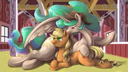 Size: 2123x1194 | Tagged: safe, artist:audrarius, derpibooru import, edit, applejack, princess celestia, alicorn, earth pony, pony, accessory swap, alternate hairstyle, applelestia, barn, bedroom eyes, blushing, cowboy hat, ear bite, female, fluffy, frown, hat, lesbian, licking, mare, missing accessory, prone, shipping, smiling, spread wings, stetson, sweat, tongue out, wallpaper, wide eyes