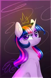Size: 889x1345 | Tagged: safe, artist:snowsky-s, derpibooru import, twilight sparkle, twilight sparkle (alicorn), alicorn, pony, abstract background, chest fluff, ear fluff, ethereal crown, ethereal wings, female, floating crown, floating wings, mare, shoulder fluff, solo, wings