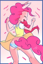 Size: 800x1200 | Tagged: anthro, artist:drantyno, clothes, cute, derpibooru import, dress, panties, pinkie pie, pony coloring, simple background, skirt, skirt lift, solo, striped underwear, suggestive, underwear, upskirt