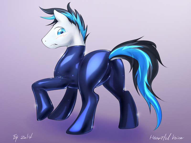 Size: 1200x900 | Tagged: safe, artist:equus, derpibooru import, oc, oc:heartful voice, unofficial characters only, earth pony, pony, blushing, clothes, dolce tikky, latex, male, skinsuit, stallion, suit, tight clothing