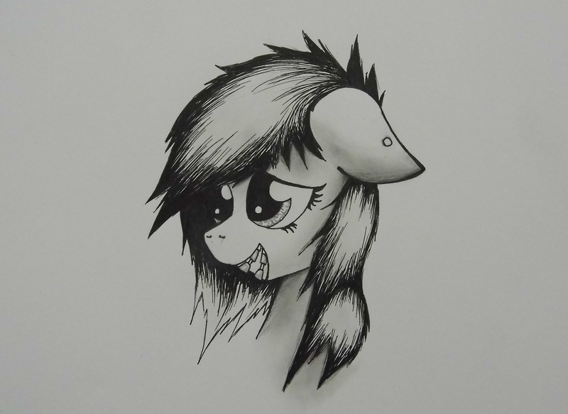 Size: 1280x933 | Tagged: safe, artist:marsminer, derpibooru import, oc, oc:venus spring, unofficial characters only, pony, braces, cute, female, floppy ears, grayscale, grin, mare, monochrome, piercing, portrait, smiling, squee, traditional art