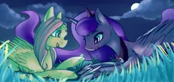 Size: 2066x981 | Tagged: safe, artist:marshmellowcannibal, derpibooru import, fluttershy, princess luna, alicorn, firefly (insect), pegasus, pony, duo, female, folded wings, grass, looking at something, mare, night, outdoors, prone, showing, wings