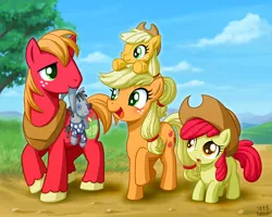 Size: 1000x800 | Tagged: safe, artist:uotapo, derpibooru import, apple bloom, applejack, big macintosh, smarty pants, earth pony, pony, accessory swap, apple siblings, applejack's hat, blushing, cowboy hat, cute, female, hat, jackabetes, macabetes, male, plushie, plushie riding pony, stallion, uotapo is trying to murder us