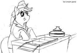 Size: 2343x1602 | Tagged: artist:fatponysketches, belly, cart, chubby, clothes, derpibooru import, fat, hat, ice cream, ice cream pony, ice cream salesmare, monochrome, oc, safe, solo, unofficial characters only