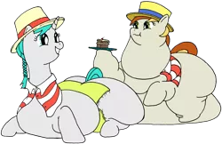 Size: 2980x1927 | Tagged: safe, artist:fatponysketches, derpibooru import, peachy pitt, unicorn, belly, clothes, duo, fair way, fat, female, hat, long neck, mare, morbidly obese, obese, salesmare, salespony, shirt, straw hat, wardrobe malfunction