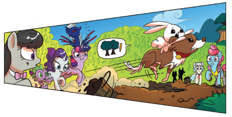 Size: 1323x670 | Tagged: safe, artist:yeendip, derpibooru import, idw, angel bunny, cassie, coco pommel, cup cake, octavia melody, rarity, spike, twilight sparkle, twilight sparkle (alicorn), winona, alicorn, kelpie, pony, spoiler:comic, spoiler:comic23, cropped, female, mare, panel