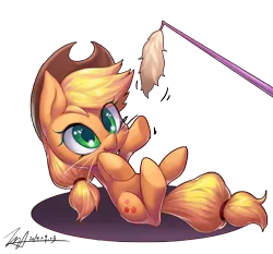 Size: 3000x2791 | Tagged: dead source, safe, artist:jggjqm522, derpibooru import, applejack, pony, applecat, behaving like a cat, cute, eye clipping through hair, feather wand, jackabetes, silly, silly pony, solo, who's a silly pony