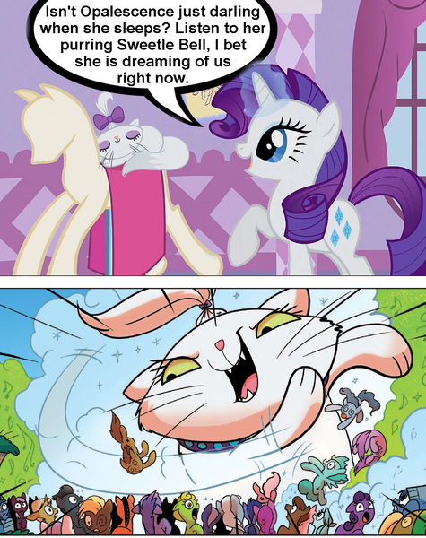 Size: 1101x1392 | Tagged: safe, derpibooru import, edit, edited screencap, idw, screencap, opalescence, rarity, unnamed pony, cat, earth pony, pegasus, pony, unicorn, spoiler:comic, spoiler:comic23, background pony, comic, female, implied sweetie belle, macro, male, mare, stallion