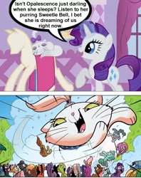 Size: 1101x1392 | Tagged: safe, derpibooru import, edit, edited screencap, idw, screencap, opalescence, rarity, unnamed pony, cat, earth pony, pegasus, pony, unicorn, spoiler:comic, spoiler:comic23, background pony, comic, female, implied sweetie belle, macro, male, mare, stallion