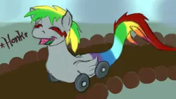 Size: 1612x908 | Tagged: artist:wesleyfoxx, derpibooru import, eyes closed, honk, hybrid, monster pony, oc, oc:wheely bopper, open mouth, original species, safe, smiling, solo, tatzlpony, unofficial characters only, wat, what has science done, wheelpone