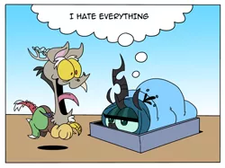 Size: 800x599 | Tagged: safe, artist:peachiekeenie, artist:tarajenkins, derpibooru import, discord, queen chrysalis, discorderlyconduct, blanket, garfield, i hate mondays, jim davis, odie, open mouth, parody, prone, smiling, style emulation, thought bubble, tongue out, unamused, wide eyes