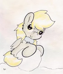 Size: 723x846 | Tagged: safe, artist:slightlyshade, derpibooru import, derpy hooves, pegasus, pony, clothes, scarf, snow, solo, traditional art, winter