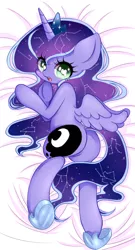 Size: 350x650 | Tagged: safe, artist:yuzuko, derpibooru import, princess luna, alicorn, pony, bedsheets, blushing, body pillow, body pillow design, cute, ethereal mane, female, filly, galaxy mane, heart eyes, looking at you, looking back, looking back at you, lunabetes, moonbutt, open mouth, pixiv, plot, rear view, solo, spread wings, underhoof, wingding eyes, wings, woona, younger