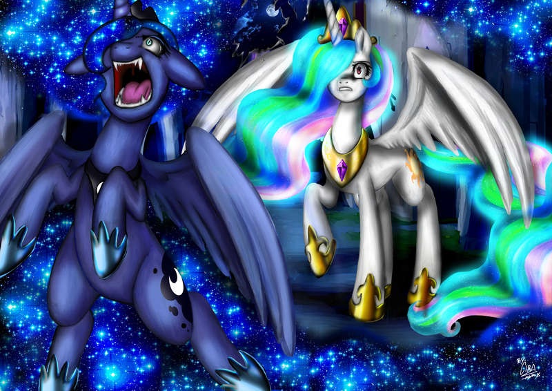 Size: 3507x2480 | Tagged: safe, artist:christallovepkmn, derpibooru import, nightmare moon, princess celestia, princess luna, alicorn, pony, fangs, floppy ears, raised hoof, rearing, sharp teeth, spread wings, transformation