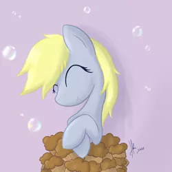 Size: 1200x1200 | Tagged: safe, artist:d-sixzey, derpibooru import, derpy hooves, pegasus, pony, bubble, cute, eyes closed, female, mare, muffin, smiling, solo
