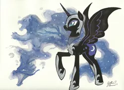 Size: 3466x2517 | Tagged: safe, artist:dracontiar, derpibooru import, nightmare moon, alicorn, pony, armor, female, mare, raised hoof, simple background, solo, spread wings, traditional art, watercolor painting, white background