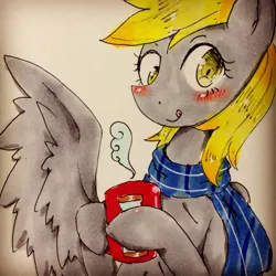 Size: 1280x1280 | Tagged: safe, artist:divided-s, derpibooru import, derpy hooves, pegasus, pony, clothes, female, hot chocolate, mare, scarf, solo, traditional art