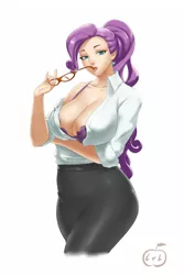 Size: 800x1200 | Tagged: suggestive, artist:lvl, artist:lvlapple, derpibooru import, rarity, human, 2014, arm under breasts, bedroom eyes, big breasts, bra, bra strap, breasts, busty rarity, cleavage, clothes, curvy, ear piercing, earring, female, frilly underwear, glasses, glasses in mouth, humanized, image, jewelry, jpeg, looking at you, open clothes, open shirt, piercing, rarity's glasses, seductive look, seductive pose, simple background, skirt, solo, solo female, stupid sexy rarity, tube skirt, underwear, undressing, white background, wide hips