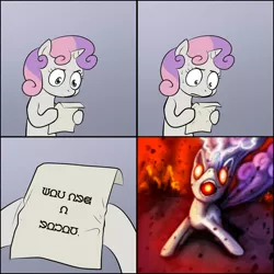 Size: 1024x1024 | Tagged: safe, derpibooru import, sweetie belle, pony, robot, robot pony, unicorn, friendship is witchcraft, apocalypse, exploitable meme, female, filly, foal, hooves, horn, meme, pony font, solo, sweetie bot, sweetie's note meme