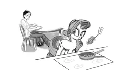 Size: 1433x789 | Tagged: artist:ceehoff, cooking, derpibooru import, human, oc, oc:connor, rarity, safe, spatula