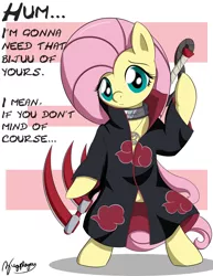 Size: 1700x2200 | Tagged: safe, artist:bugplayer, derpibooru import, fluttershy, pony, akatsuki, bipedal, clothes, hidan, naruto, parody, robe, simple background, solo, weapon