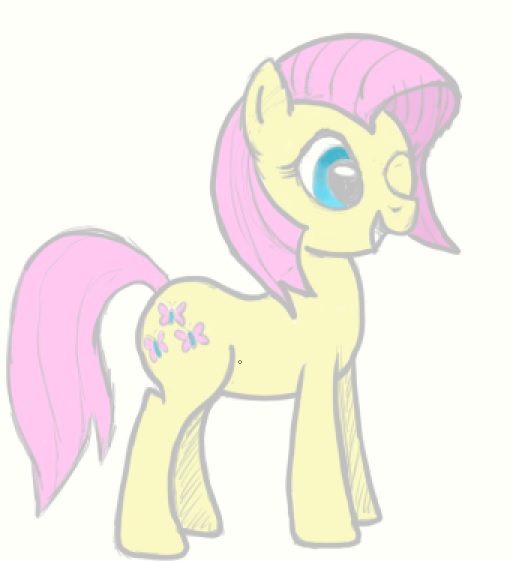 Size: 513x561 | Tagged: alternate hairstyle, artist:lunanon, derpibooru import, fluttershy, haircut, posey, safe, simple background, sketch, solo, wink