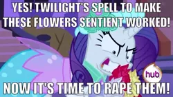 Size: 1000x563 | Tagged: caption, derpibooru import, edit, edited screencap, flower, image macro, imminent rape, imminent sex, implied rape, implied twilight sparkle, meme, rapeface, rarity, screencap, semi-grimdark, suggestive, wat