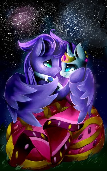 Size: 707x1131 | Tagged: safe, derpibooru import, rarity, oc, oc:kydose, canon x oc, clothes, dress, gala dress, hug, love, night, raridose, shipping, stars, winghug