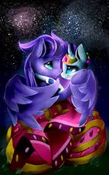 Size: 707x1131 | Tagged: safe, derpibooru import, rarity, oc, oc:kydose, canon x oc, clothes, dress, gala dress, hug, love, night, raridose, shipping, stars, winghug