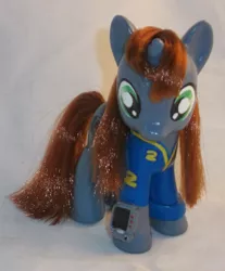 Size: 1873x2257 | Tagged: safe, artist:gryphyn-bloodheart, derpibooru import, oc, oc:littlepip, unofficial characters only, pony, unicorn, fallout equestria, fanfic, 3d print, brushable, clothes, custom, female, hooves, horn, irl, mare, photo, pipbuck, solo, toy, vault suit