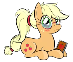 Size: 1284x1096 | Tagged: safe, artist:hip-indeed, derpibooru import, applejack, earth pony, pony, alternate hairstyle, blushing, cute, frown, glasses, jackabetes, looking at you, notebook, ponytail, prone, simple background, solo, transparent background, wide eyes