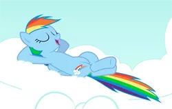 Size: 1707x1081 | Tagged: safe, artist:cheezedoodle96, derpibooru import, rainbow dash, pegasus, pony, .svg available, cloud, eyes closed, female, hooves, lying down, mare, open mouth, relaxing, simple background, solo, svg, vector, white background, wings