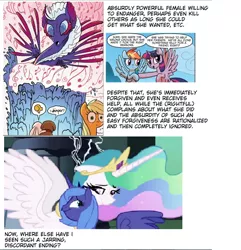 Size: 588x610 | Tagged: safe, derpibooru import, idw, applejack, cassie, princess celestia, princess luna, twilight sparkle, twilight sparkle (alicorn), alicorn, kelpie, pony, spoiler:comic, spoiler:comic23, female, kelpie drama, mare, thousand yard stare